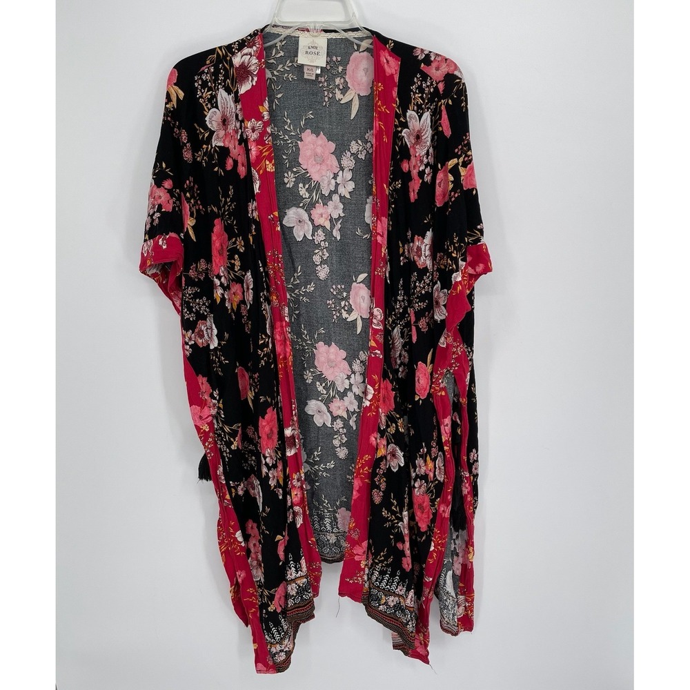 Knox Rose Women's Black Floral‎ Open Front Boho Hippie Kimono Cardigan Size M-L